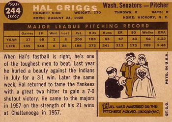1960 Topps #244 Hal Griggs Back