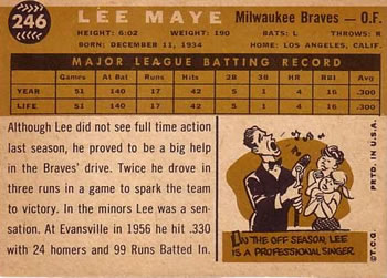 1960 Topps #246 Lee Maye Back