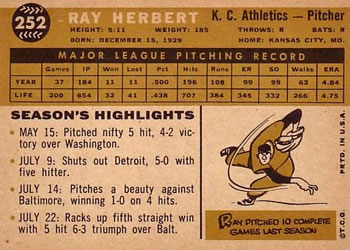 1960 Topps #252 Ray Herbert Back