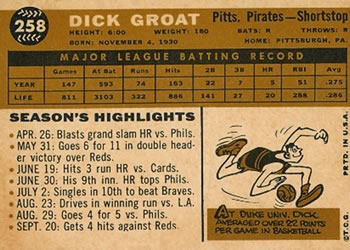 1960 Topps #258 Dick Groat Back