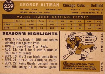 1960 Topps #259 George Altman Back