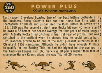 1960 Topps #260 Power Plus (Rocky Colavito / Tito Francona) Back