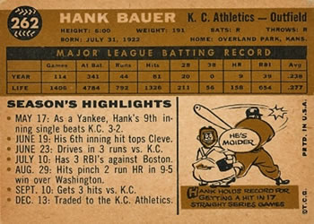 1960 Topps #262 Hank Bauer Back
