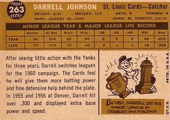 1960 Topps #263 Darrell Johnson Back