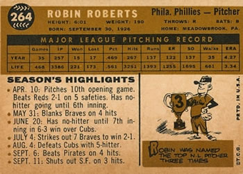 1960 Topps #264 Robin Roberts Back