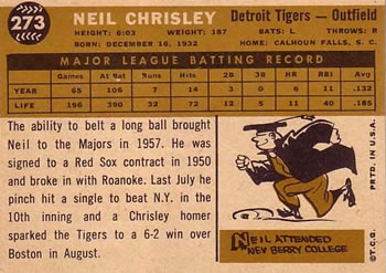 1960 Topps #273 Neil Chrisley Back