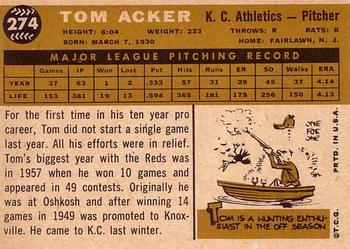 1960 Topps #274 Tom Acker Back