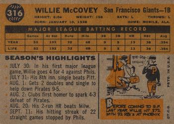 1960 Topps #316 Willie McCovey Back