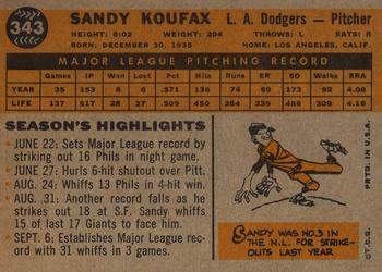 1960 Topps #343 Sandy Koufax Back