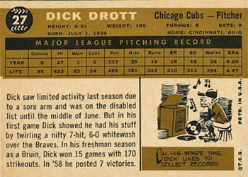 1960 Topps #27 Dick Drott Back
