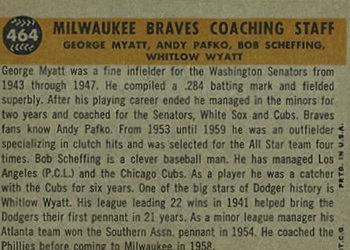 1960 Topps #464 Milwaukee Braves Coaches (Bob Scheffing / Whitlow Wyatt / Andy Pafko / George Myatt) Back