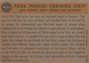 1960 Topps #466 Phila. Phils Coaches (Ken Silvestri / Dick Carter / Andy Cohen) Back
