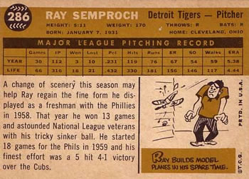 1960 Topps #286 Ray Semproch Back