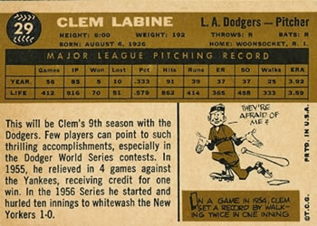 1960 Topps #29 Clem Labine Back