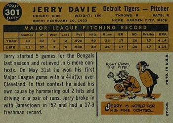 1960 Topps #301 Jerry Davie Back