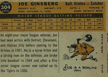1960 Topps #304 Joe Ginsberg Back
