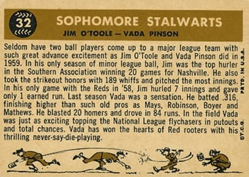 1960 Topps #32 Sophomore Stalwarts (Jim O'Toole / Vada Pinson) Back