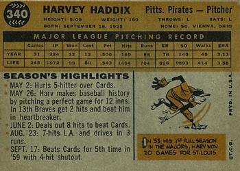 1960 Topps #340 Harvey Haddix Back