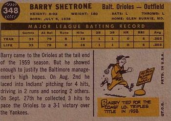1960 Topps #348 Barry Shetrone Back