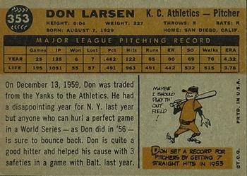 1960 Topps #353 Don Larsen Back
