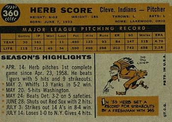 1960 Topps #360 Herb Score Back