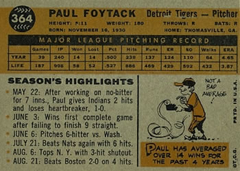 1960 Topps #364 Paul Foytack Back