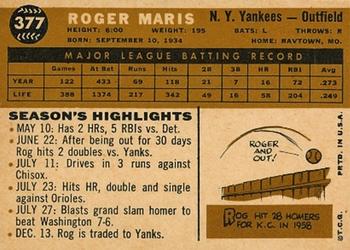 1960 Topps #377 Roger Maris Back