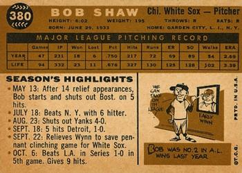 1960 Topps #380 Bob Shaw Back