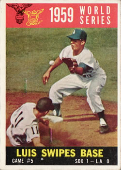 1960 Topps #389 1959 World Series Game #5 - Luis Swipes Base Front