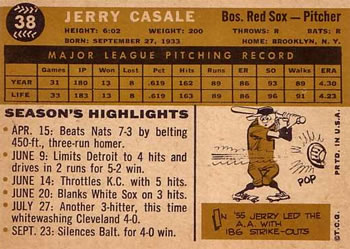 1960 Topps #38 Jerry Casale Back