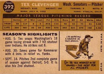 1960 Topps #392 Tex Clevenger Back