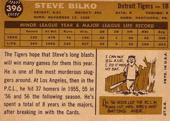 1960 Topps #396 Steve Bilko Back