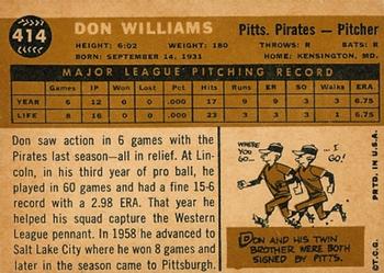 1960 Topps #414 Don Williams Back