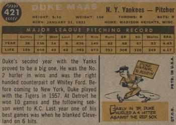 1960 Topps #421 Duke Maas Back