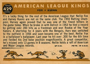 1960 Topps #429 American League Kings (Nellie Fox / Harvey Kuenn) Back