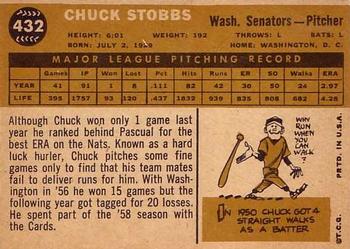 1960 Topps #432 Chuck Stobbs Back
