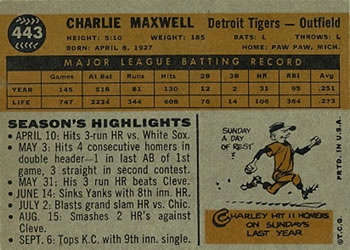 1960 Topps #443 Charlie Maxwell Back