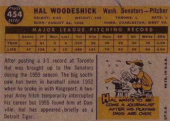 1960 Topps #454 Hal Woodeshick Back