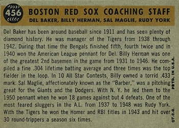 1960 Topps #456 Boston Red Sox Coaches (Rudy York / Billy Herman / Sal Maglie / Del Baker) Back