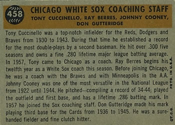 1960 Topps #458 Chicago White Sox Coaches (Johnny Cooney / Don Gutteridge / Tony Cuccinello / Ray Berres) Back