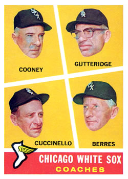1960 Topps #458 Chicago White Sox Coaches (Johnny Cooney / Don Gutteridge / Tony Cuccinello / Ray Berres) Front