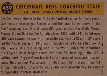 1960 Topps #459 Cincinnati Reds Coaches (Reggie Otero / Cot Deal / Wally Moses) Back