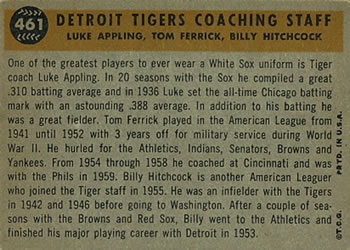 1960 Topps #461 Detroit Tigers Coaches (Tom Ferrick / Luke Appling / Billy Hitchcock) Back
