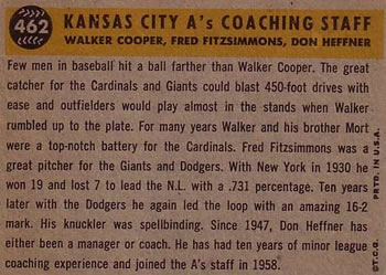 1960 Topps #462 Kansas City A's Coaches (Fred Fitzsimmons / Don Heffner / Walker Cooper) Back