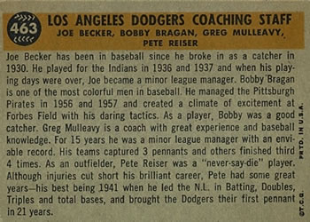 1960 Topps #463 L.A. Dodgers Coaches (Bobby Bragan / Pete Reiser / Joe Becker / Greg Mulleavy) Back