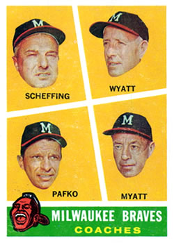 1960 Topps #464 Milwaukee Braves Coaches (Bob Scheffing / Whitlow Wyatt / Andy Pafko / George Myatt) Front