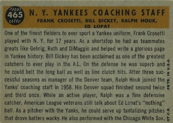 1960 Topps #465 N.Y. Yankees Coaches (Bill Dickey / Ralph Houk / Frank Crosetti / Ed Lopat) Back