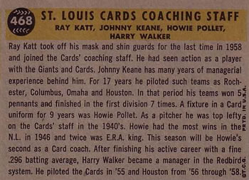 1960 Topps #468 St. Louis Cards Coaches (Johnny Keane / Howie Pollet / Ray Katt / Harry Walker) Back