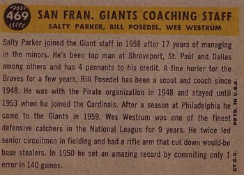 1960 Topps #469 San Fran. Giants Coaches (Wes Westrum / Salty Parker / Bill Posedel) Back