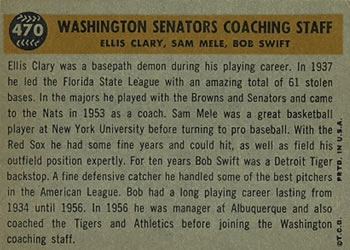 1960 Topps #470 Wash. Senators Coaches (Bob Swift / Ellis Clary / Sam Mele) Back